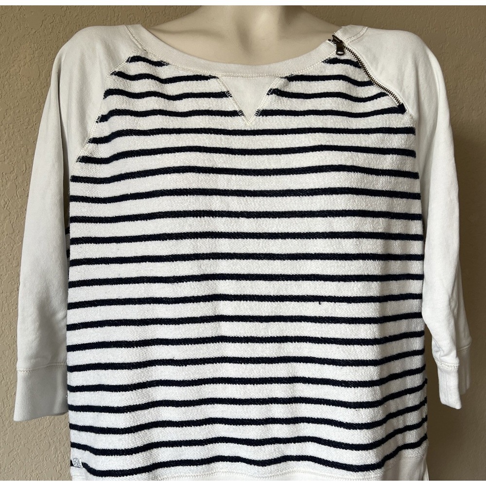 LRL Lauren Jeans Women's Striped 3/4 Sleeve‎ Sweater Zip Size XL Navy